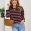 Burgundy Striped Textured Raw Edge Long Sleeve Knit Sweater