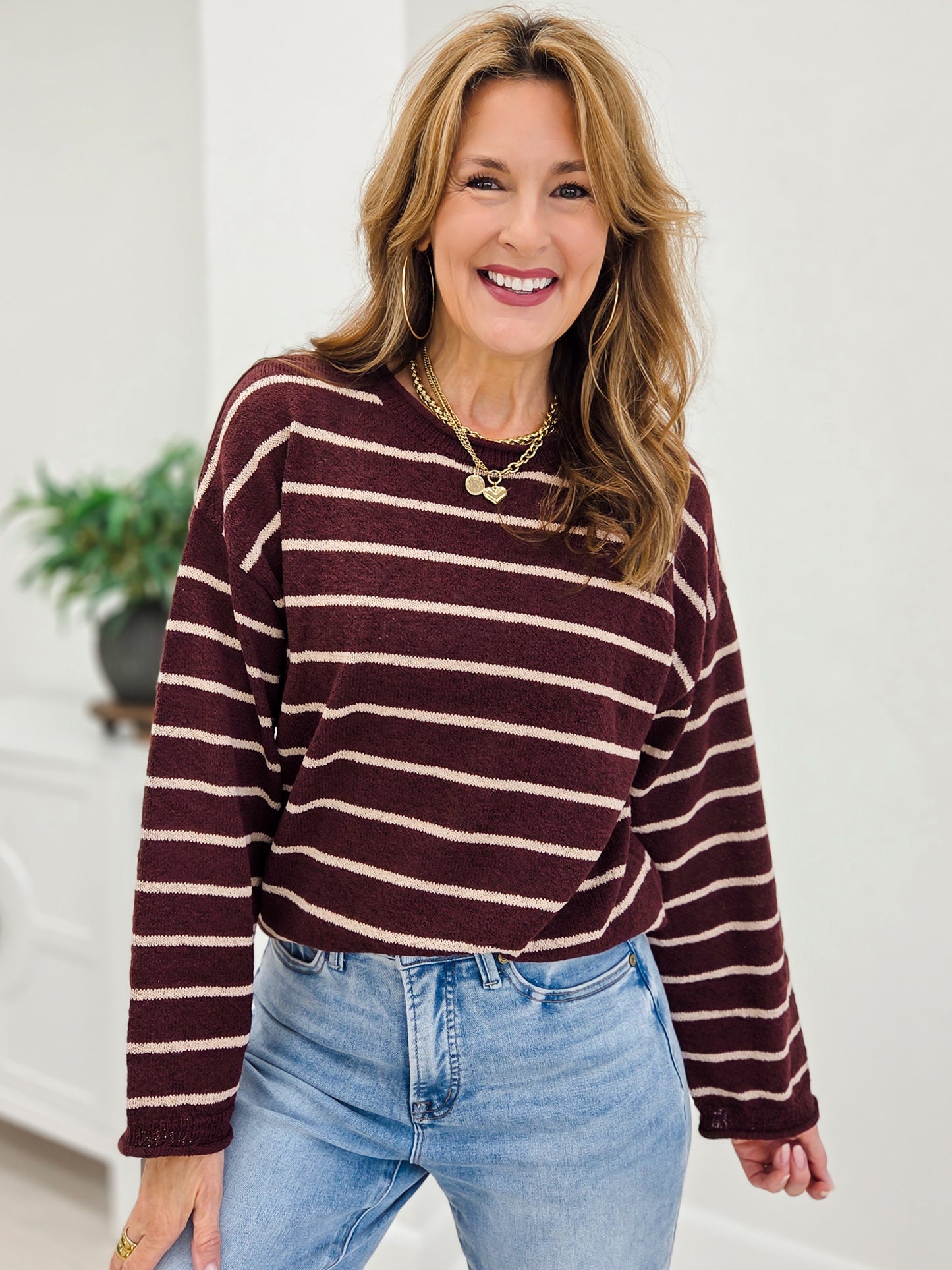 Burgundy Striped Textured Raw Edge Long Sleeve Knit Sweater