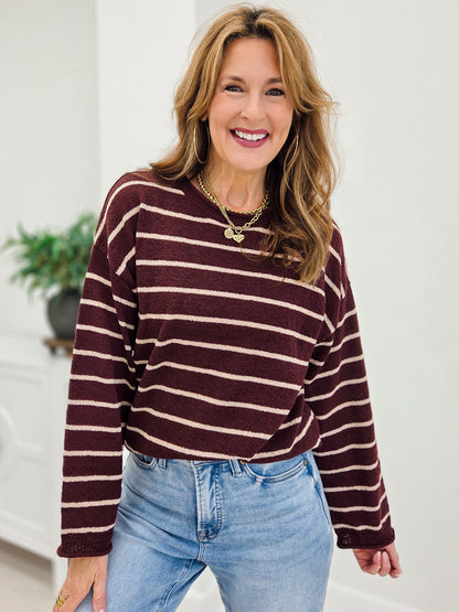 Burgundy Striped Textured Raw Edge Long Sleeve Knit Sweater