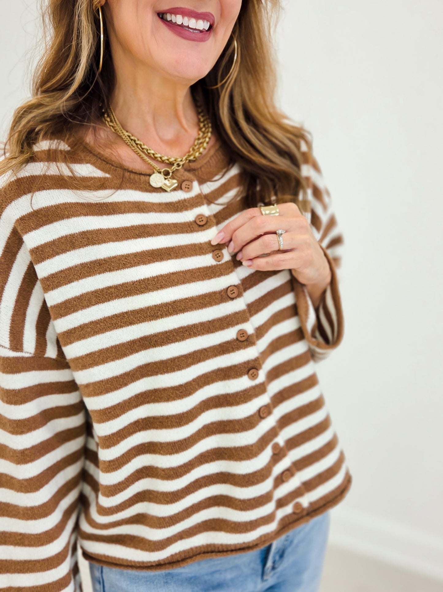Striped Button Up Curly Hem Oversize Cardigan