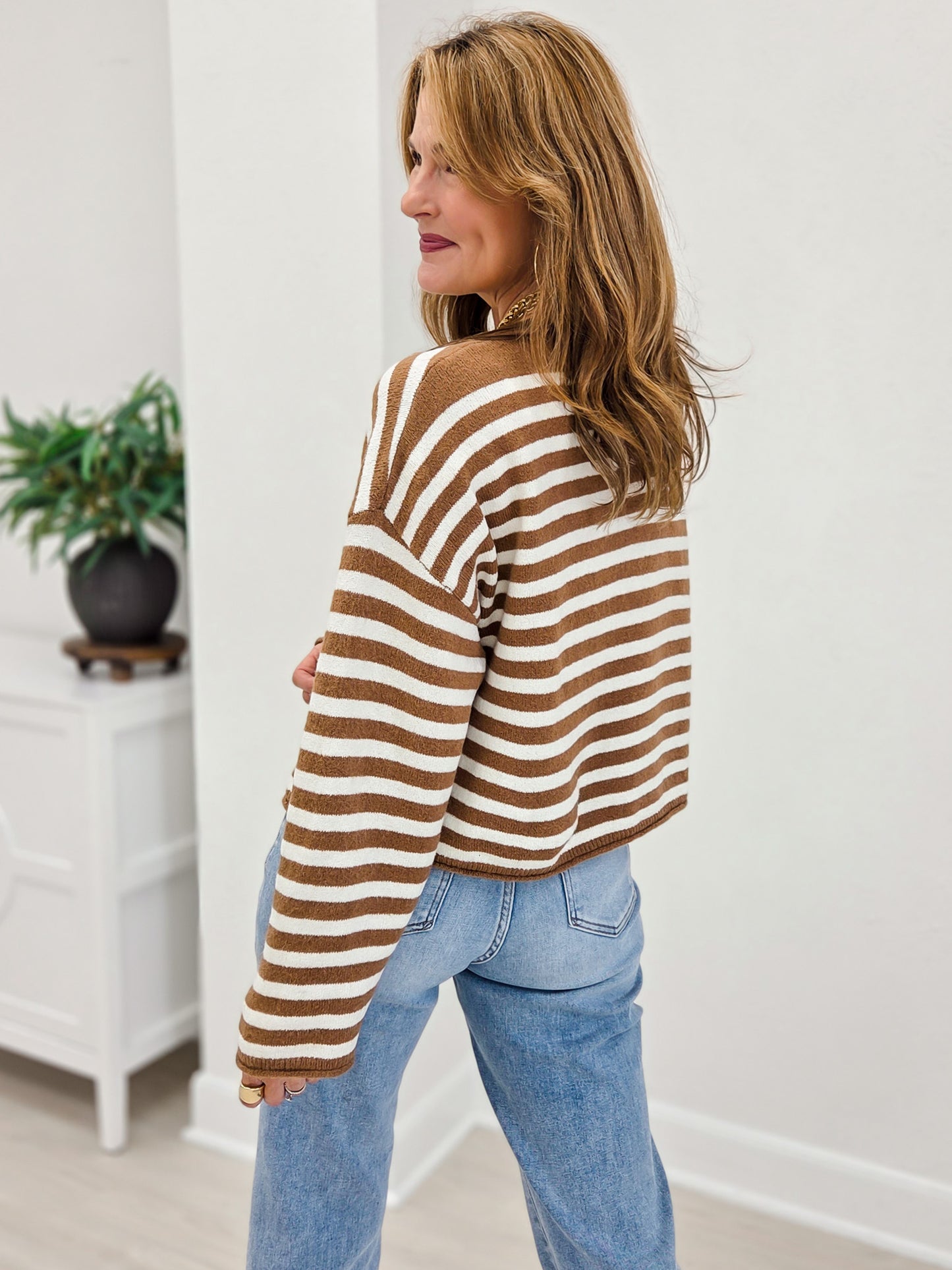 Striped Button Up Curly Hem Oversize Cardigan