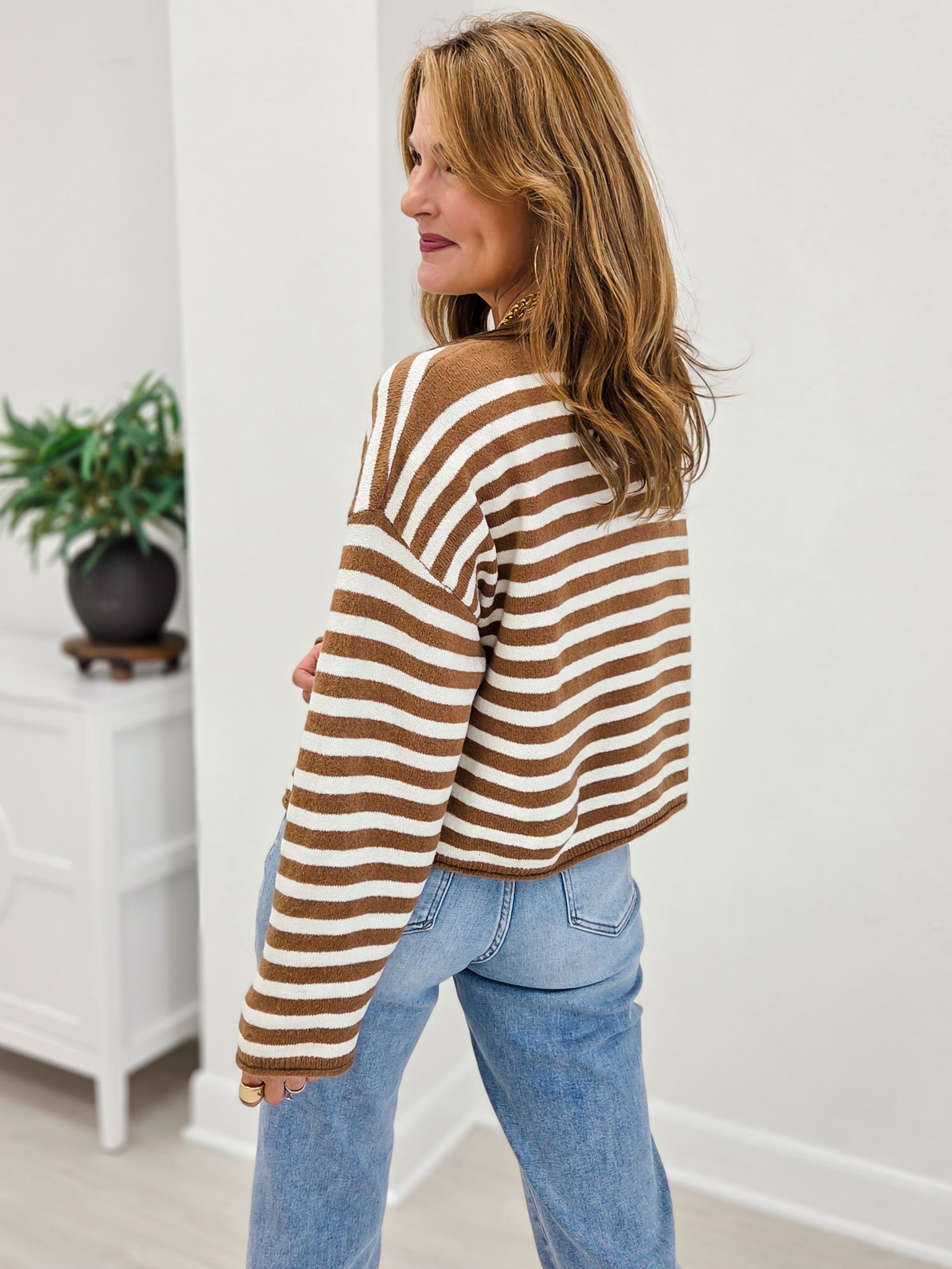 Striped Button Up Curly Hem Oversize Cardigan