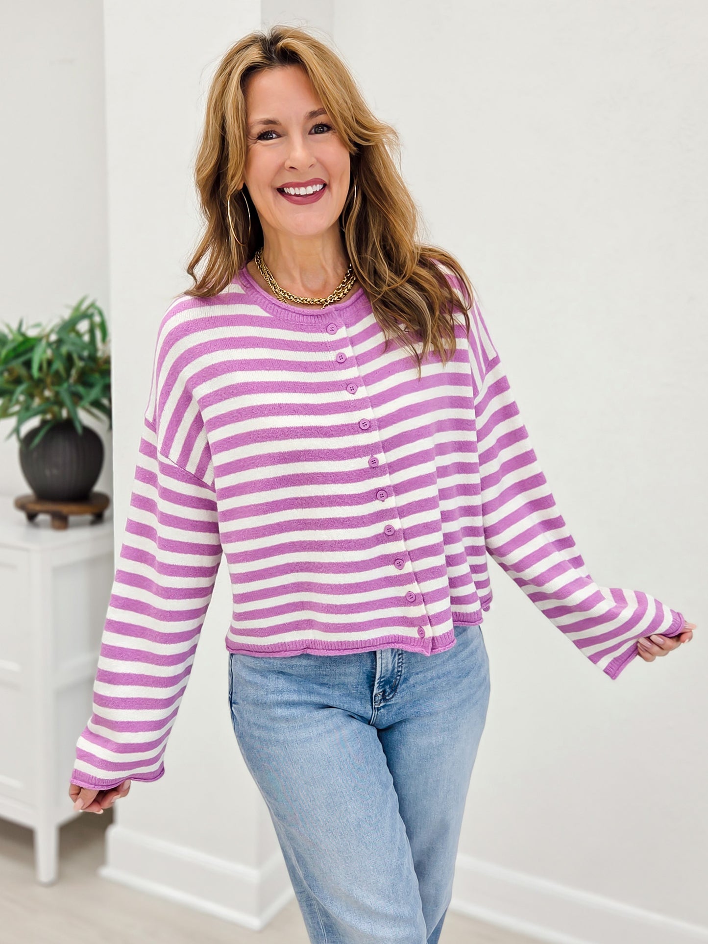 Striped Button Up Curly Hem Oversize Cardigan