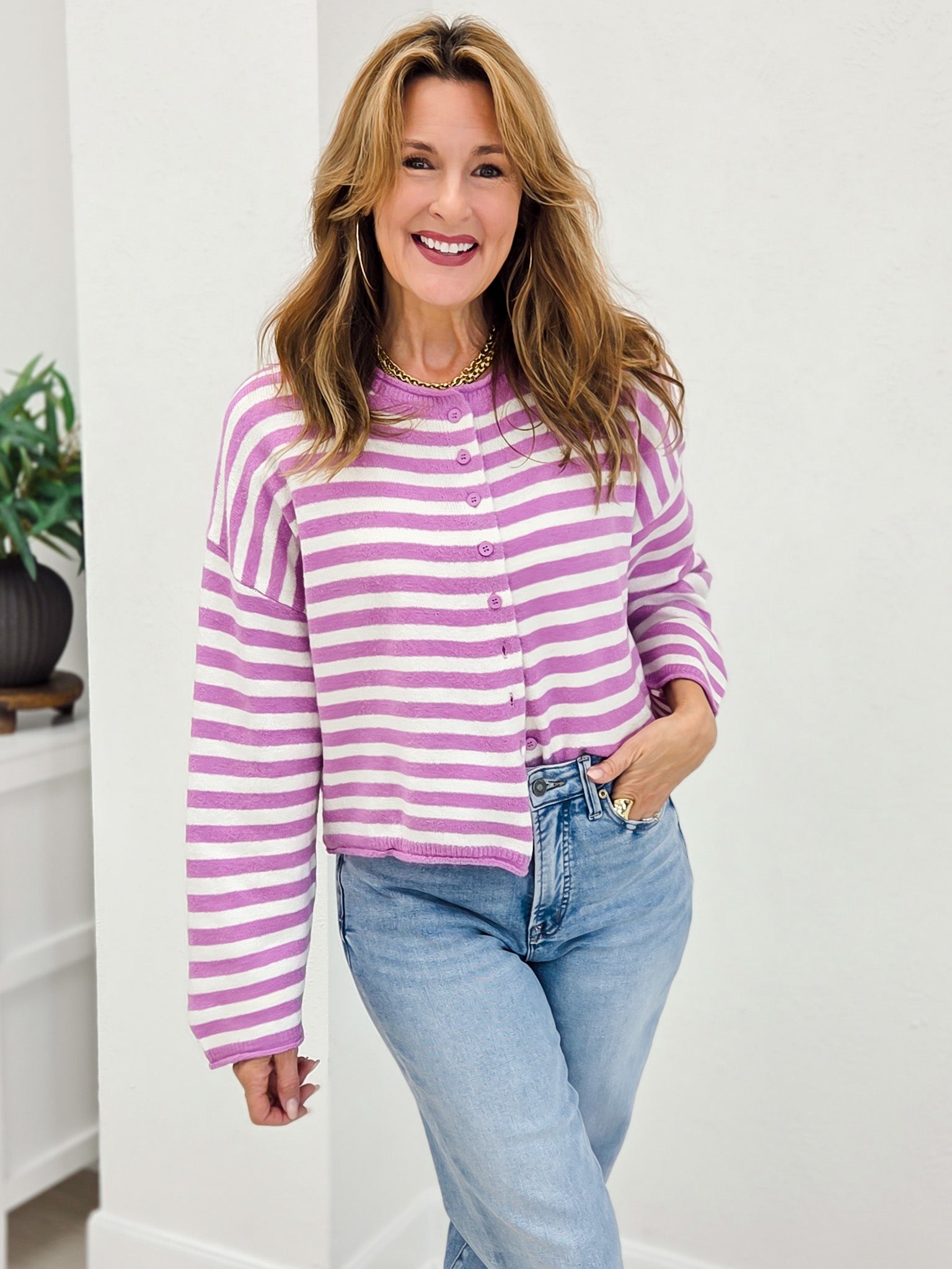 Striped Button Up Curly Hem Oversize Cardigan