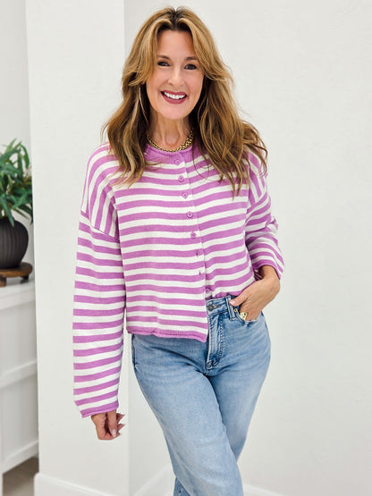 Striped Button Up Curly Hem Oversize Cardigan