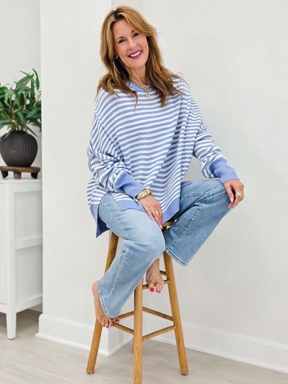Striped Round Neck Oversized High/Low Hem Sweater