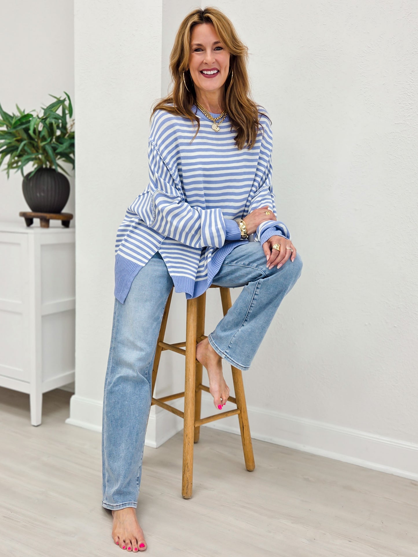 Striped Round Neck Oversized High/Low Hem Sweater