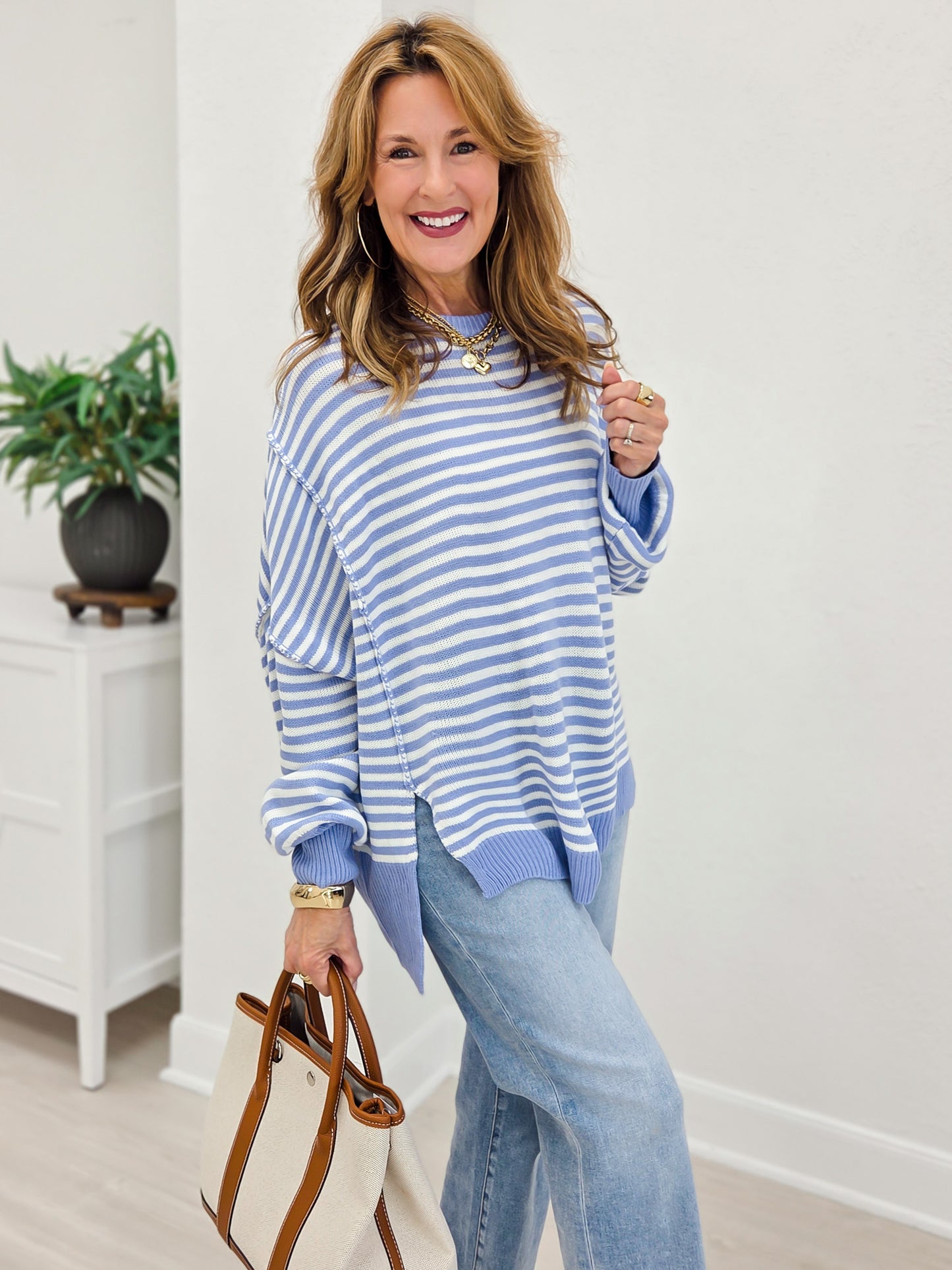 Striped Round Neck Oversized High/Low Hem Sweater