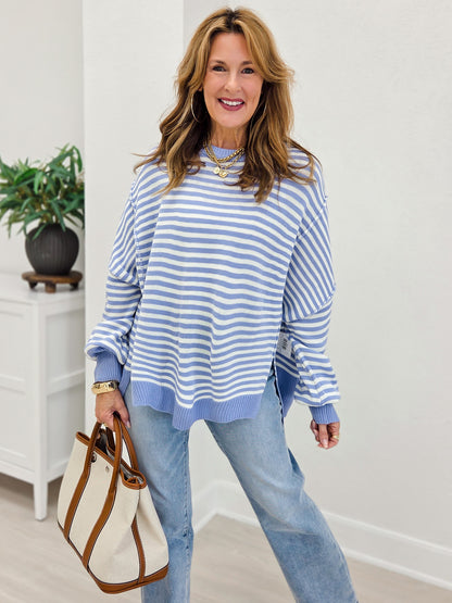 Striped Round Neck Oversized High/Low Hem Sweater