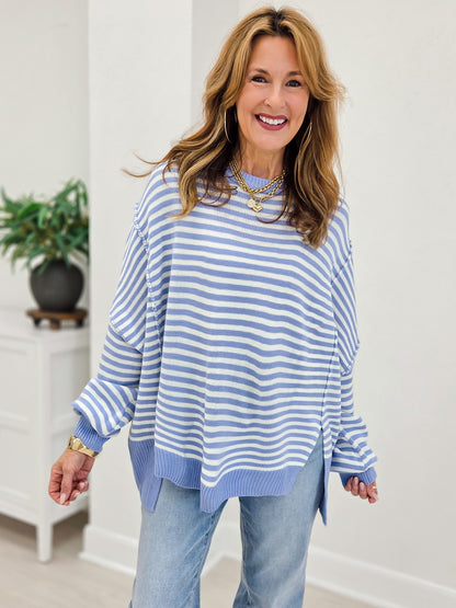 Striped Round Neck Oversized High/Low Hem Sweater