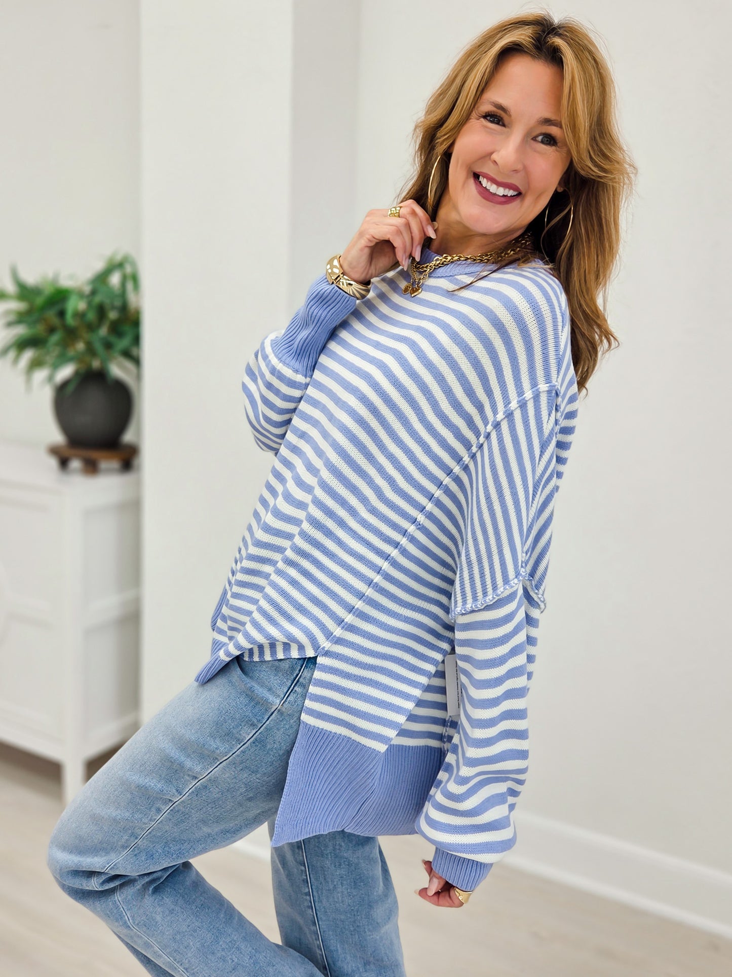 Striped Round Neck Oversized High/Low Hem Sweater