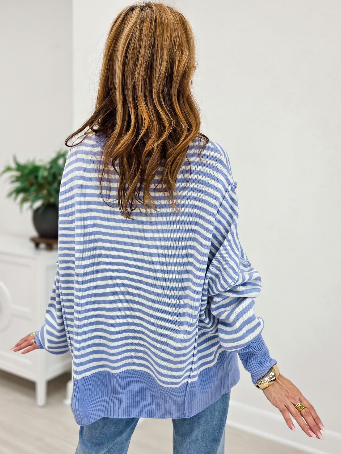 Striped Round Neck Oversized High/Low Hem Sweater