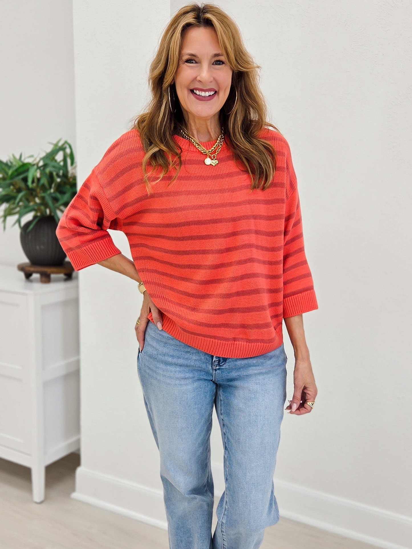Coral and Mauve Striped Bubble Half Sleeve Sweater