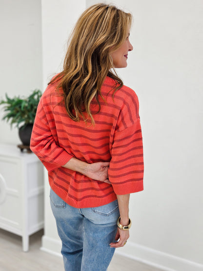 Coral and Mauve Striped Bubble Half Sleeve Sweater