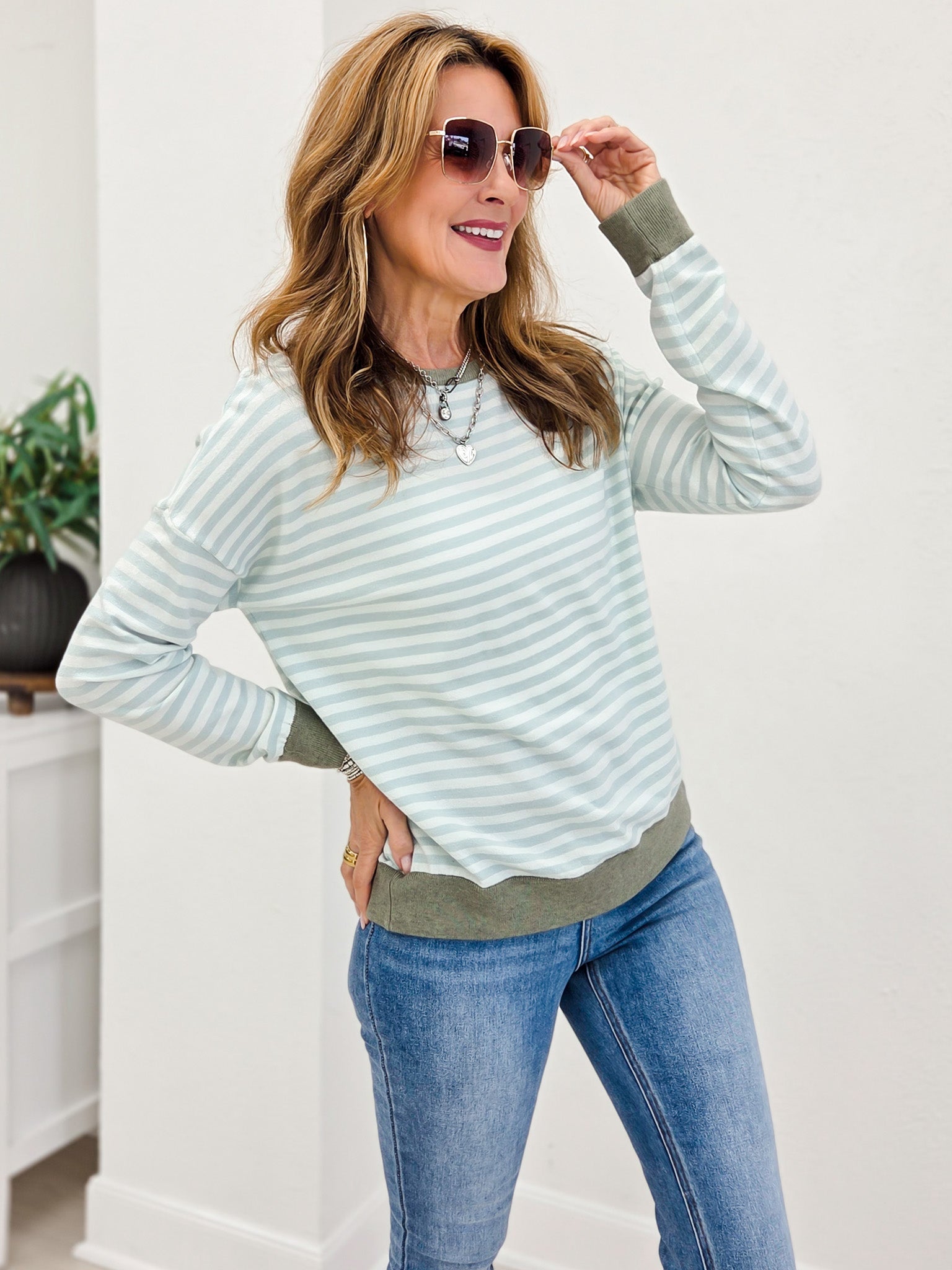 Blue Striped Multi Color Contrast Knit Top