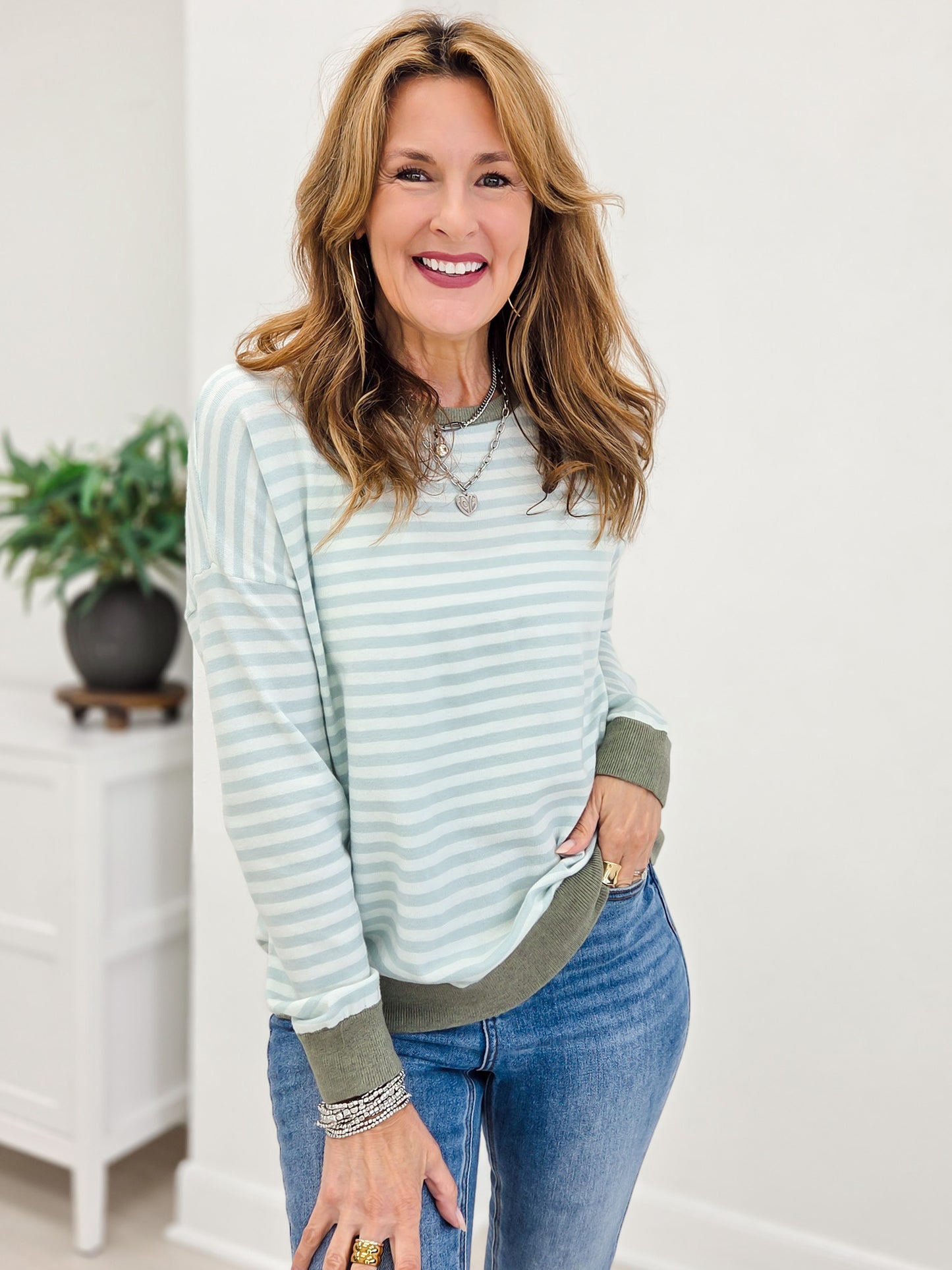 Blue Striped Multi Color Contrast Knit Top