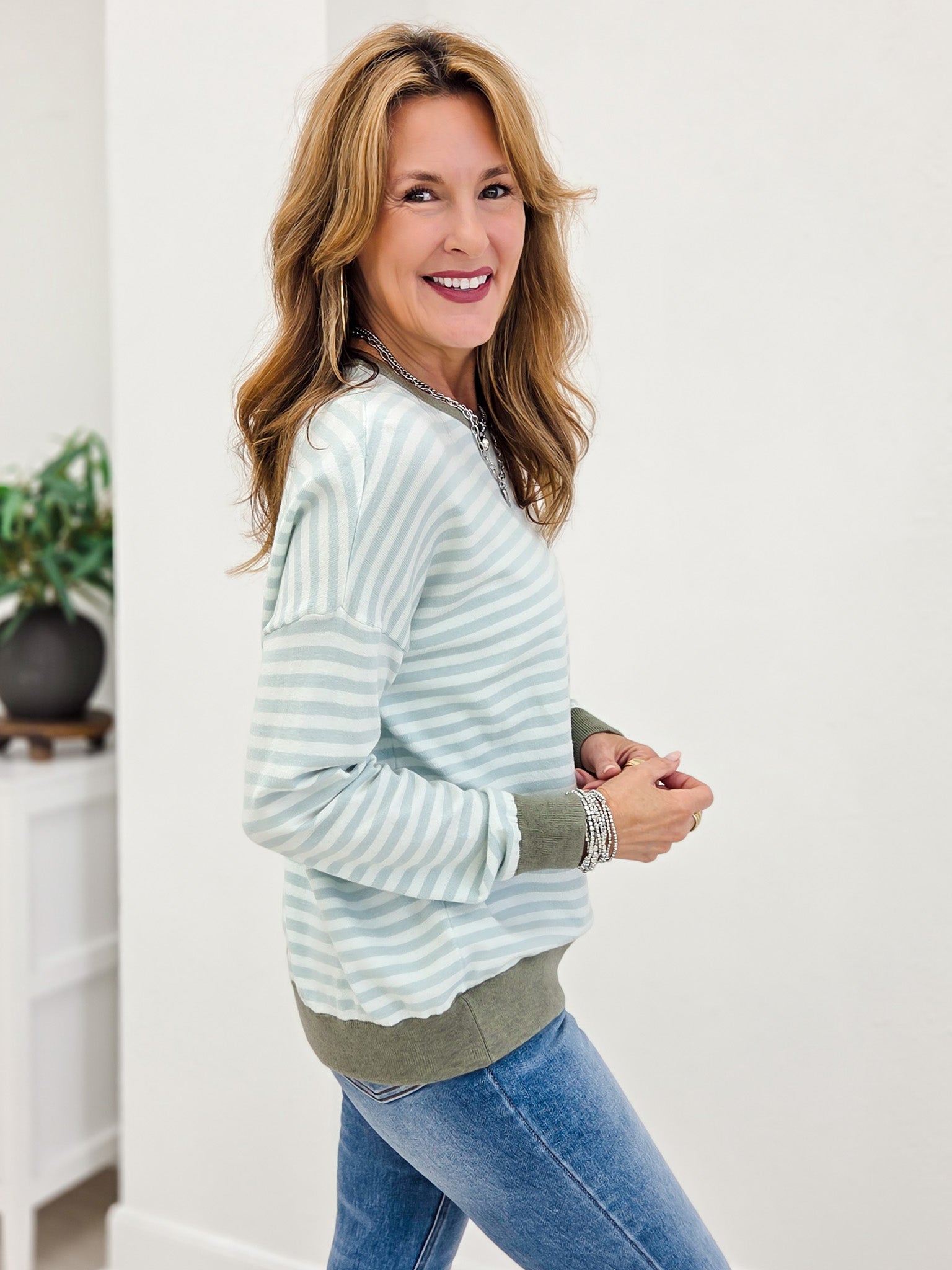 Blue Striped Multi Color Contrast Knit Top