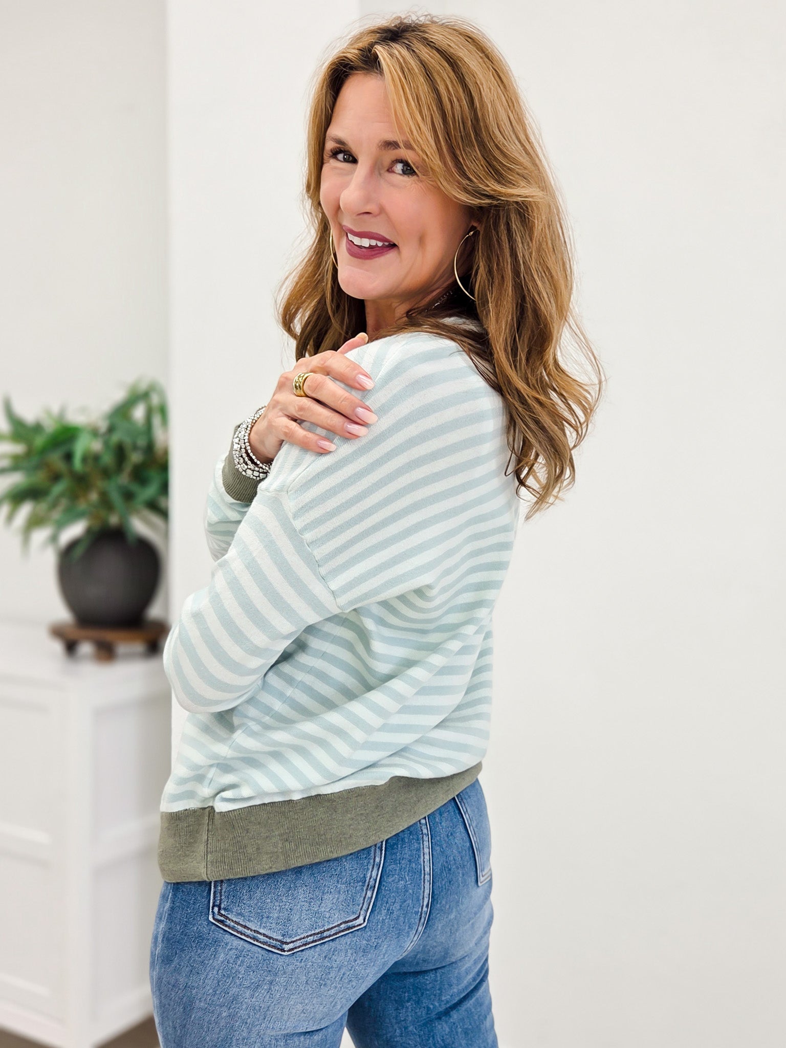 Blue Striped Multi Color Contrast Knit Top