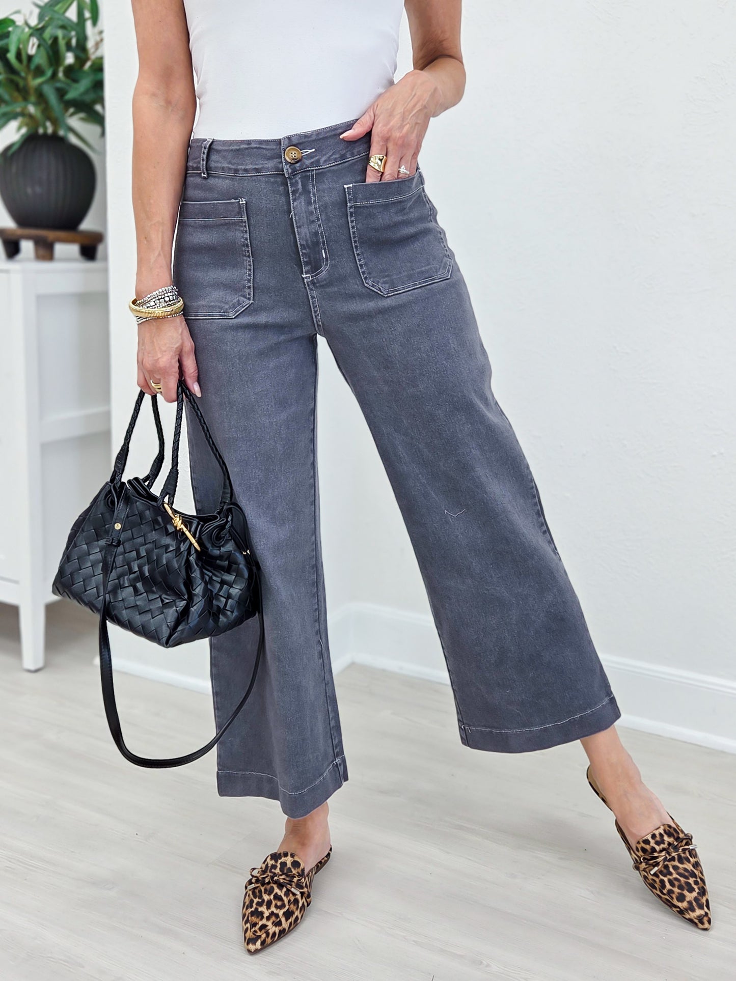 Charcoal Relaxed Fit Wide Leg Cropped Pant