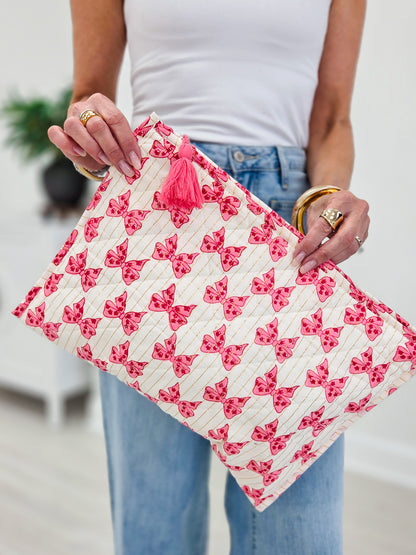 Diamond Stitched Detail Print Quilted Tassel Pouch