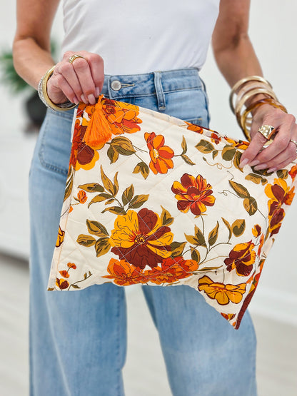 Diamond Stitched Detail Print Quilted Tassel Pouch