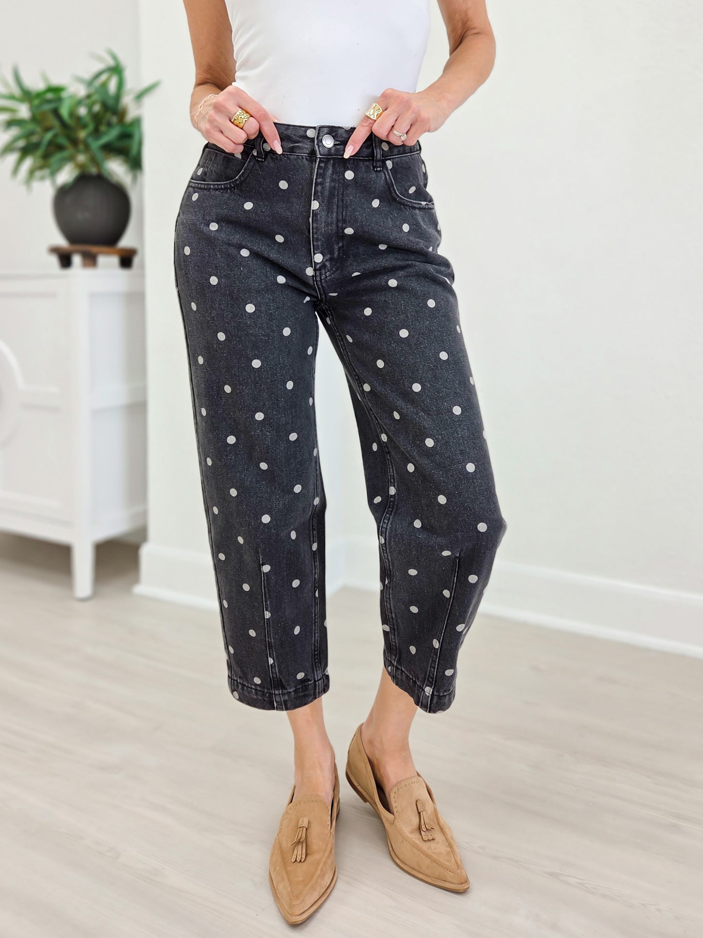Polka Dot Printed Denim Ankle Jeans
