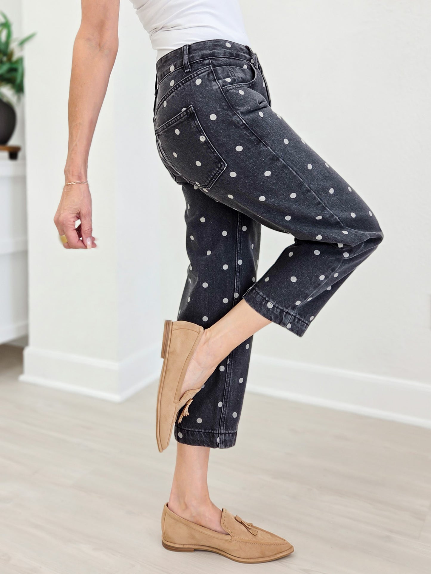 Polka Dot Printed Denim Ankle Jeans