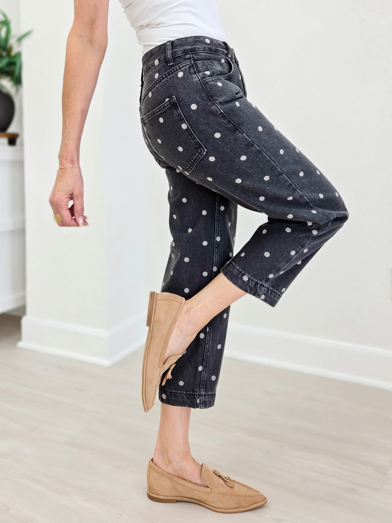Polka Dot Printed Denim Ankle Jeans