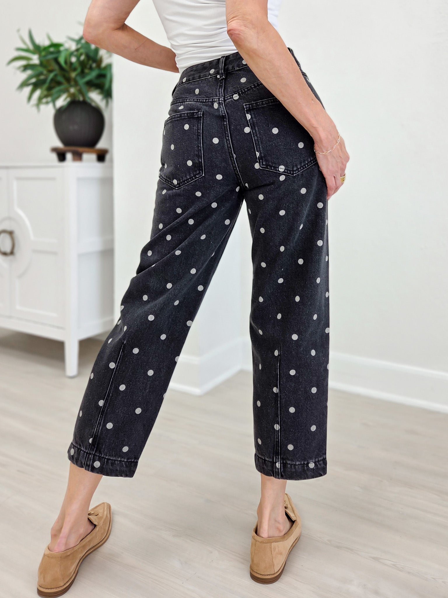 Polka Dot Printed Denim Ankle Jeans