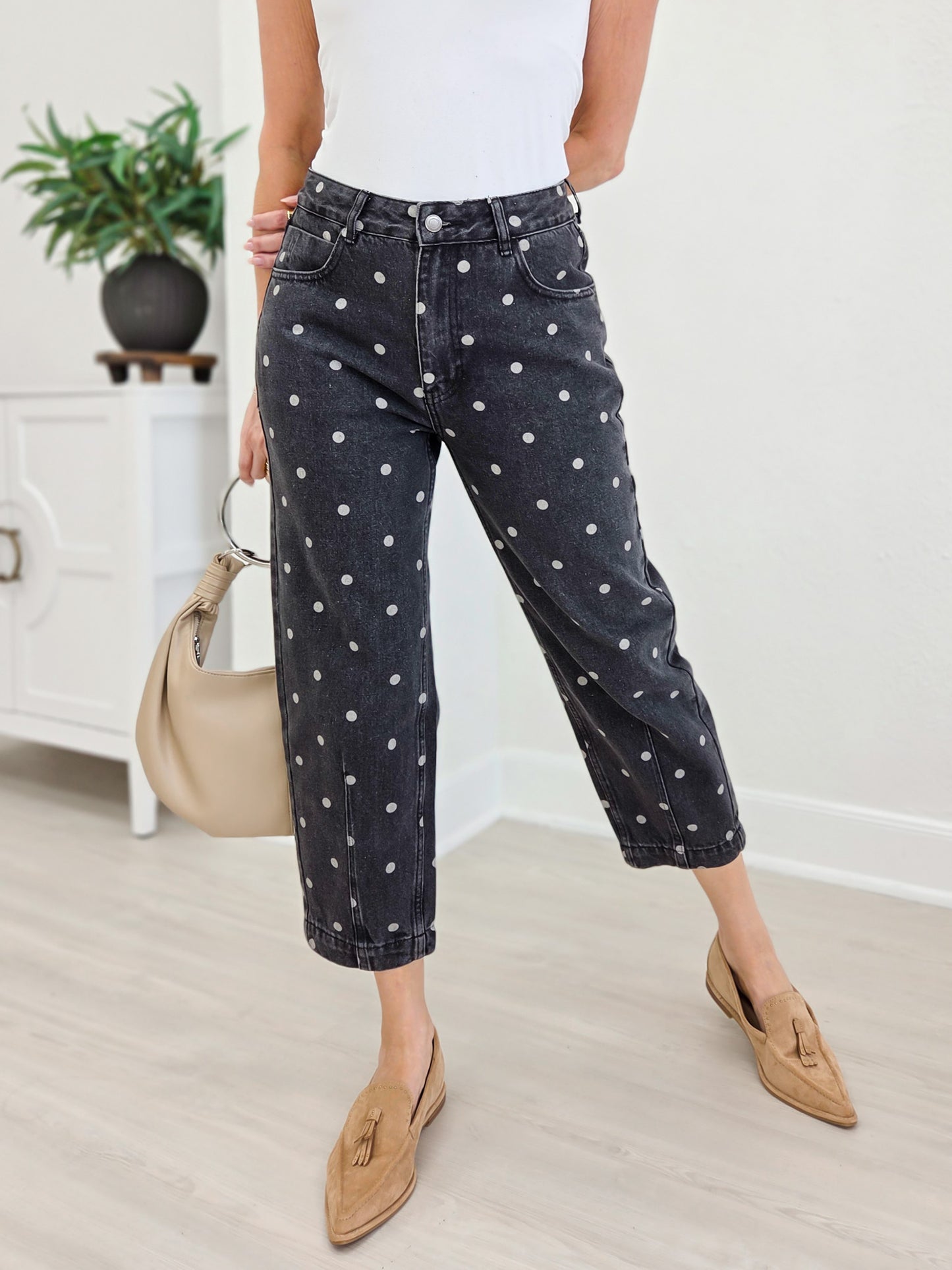 Polka Dot Printed Denim Ankle Jeans