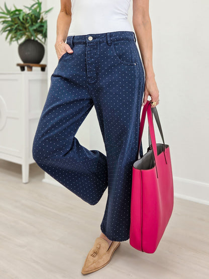 Navy Pin Dot Barrel Pant