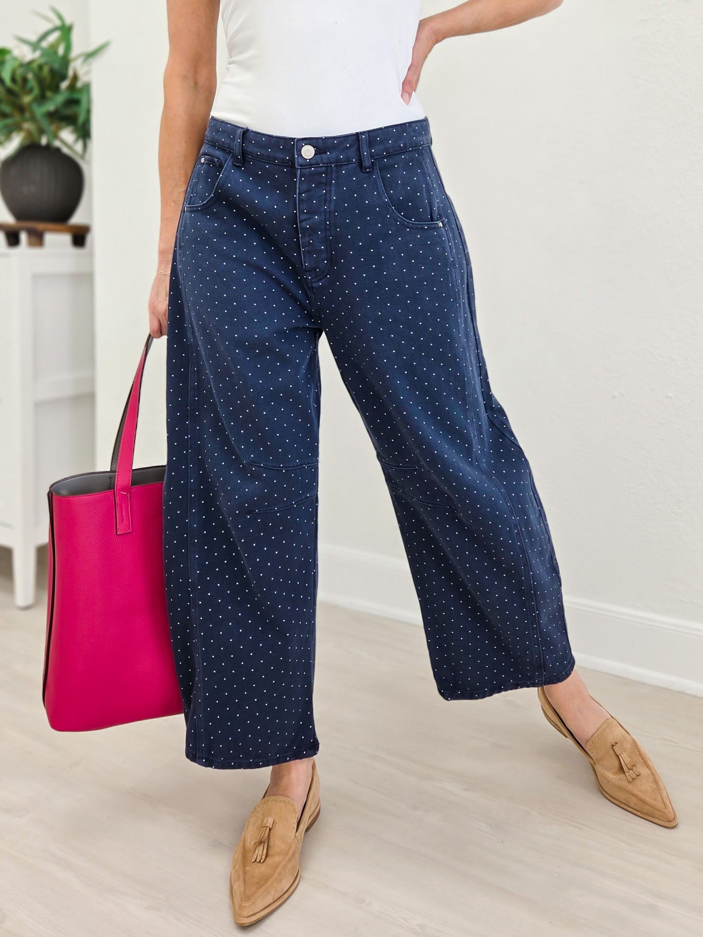 Navy Pin Dot Barrel Pant
