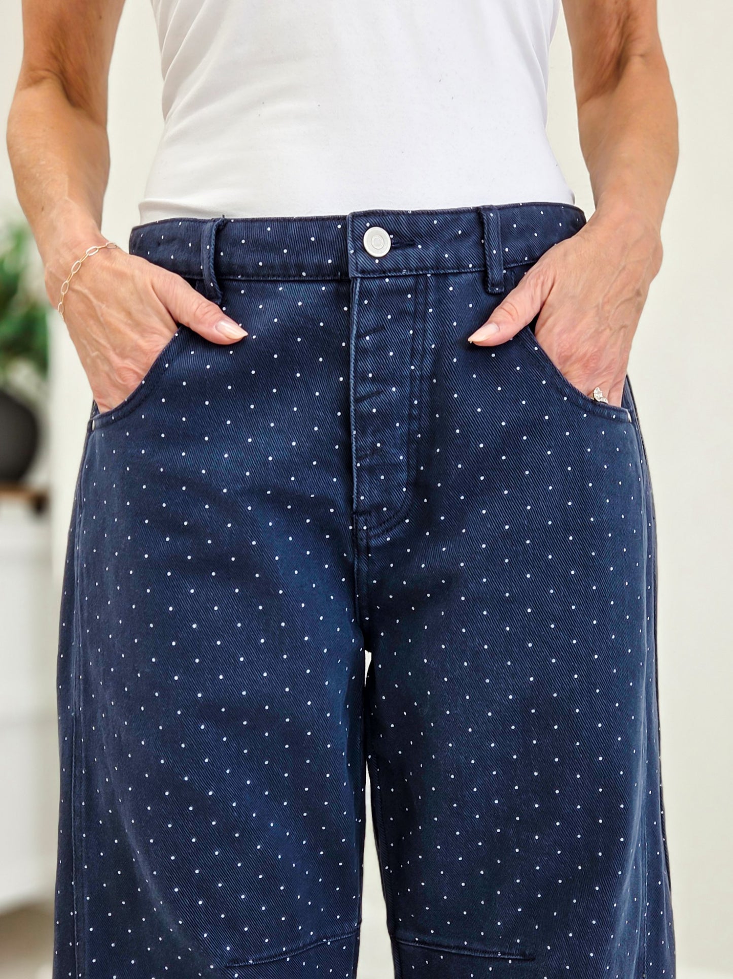 Navy Pin Dot Barrel Pant