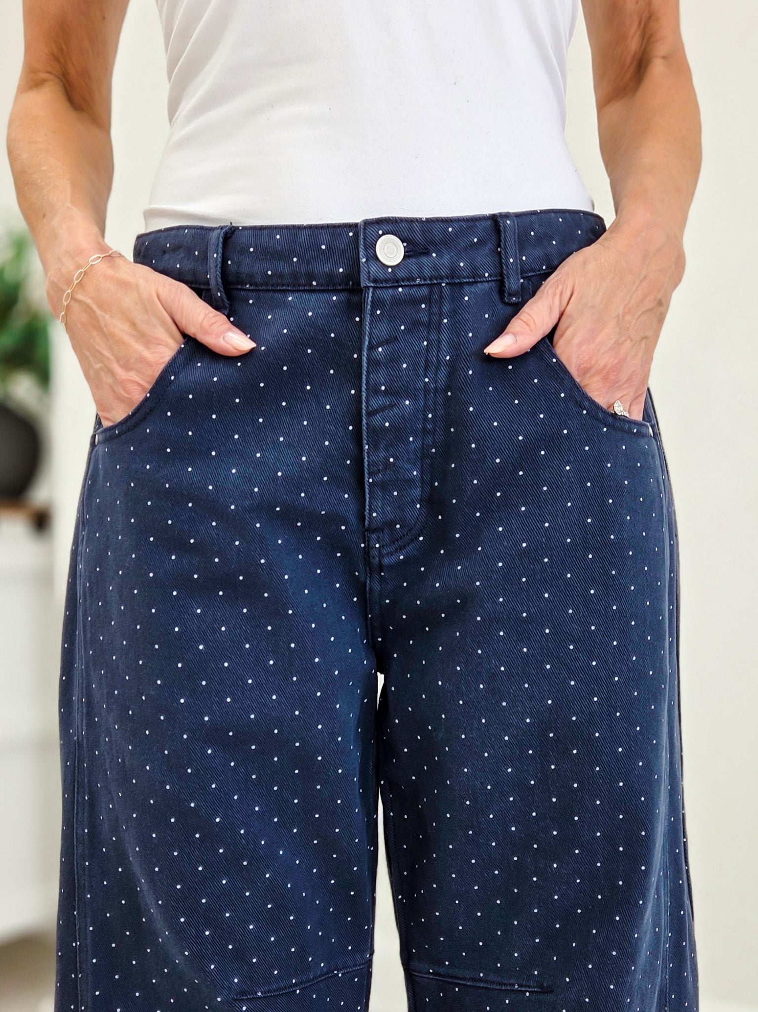 Navy Pin Dot Barrel Pant