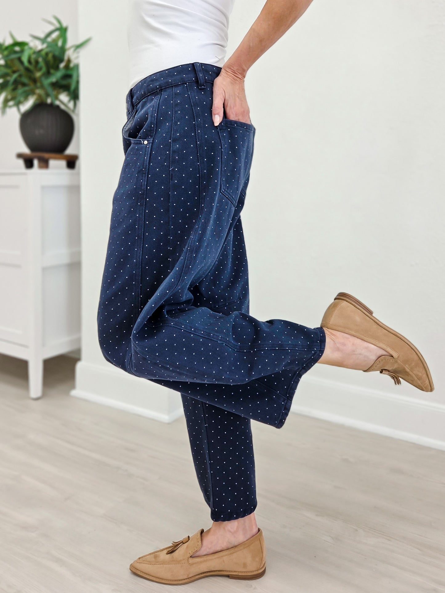 Navy Pin Dot Barrel Pant
