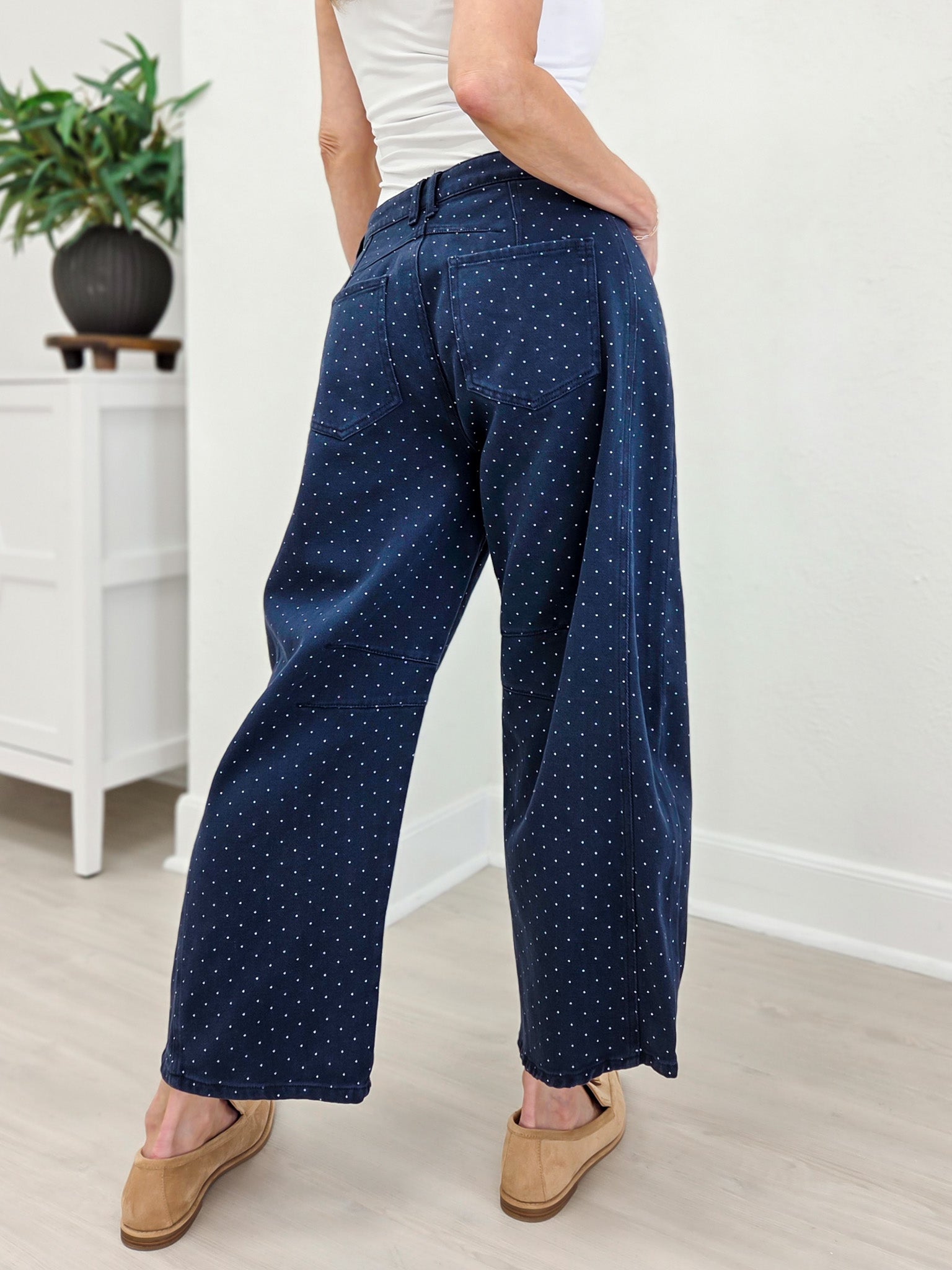 Navy Pin Dot Barrel Pant