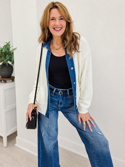 Button Down Knit Jacket With Denim Contrast