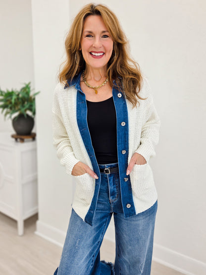 Button Down Knit Jacket With Denim Contrast