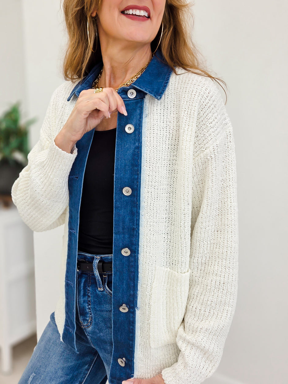 Button Down Knit Jacket With Denim Contrast
