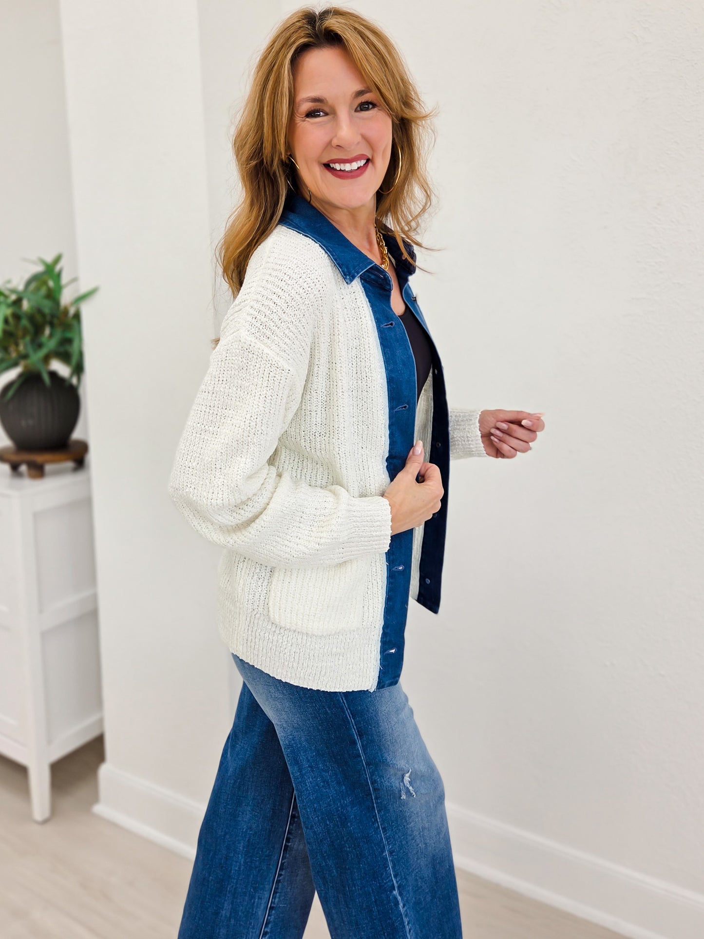Button Down Knit Jacket With Denim Contrast