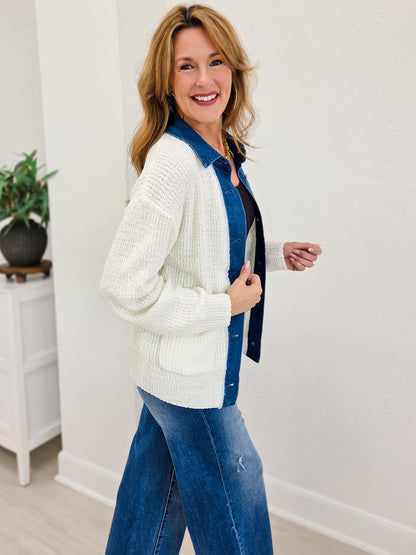 Button Down Knit Jacket With Denim Contrast