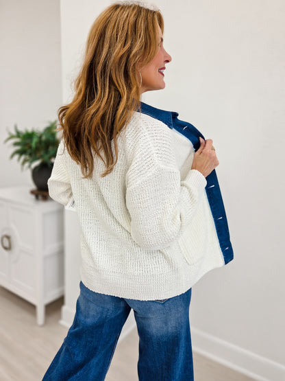 Button Down Knit Jacket With Denim Contrast
