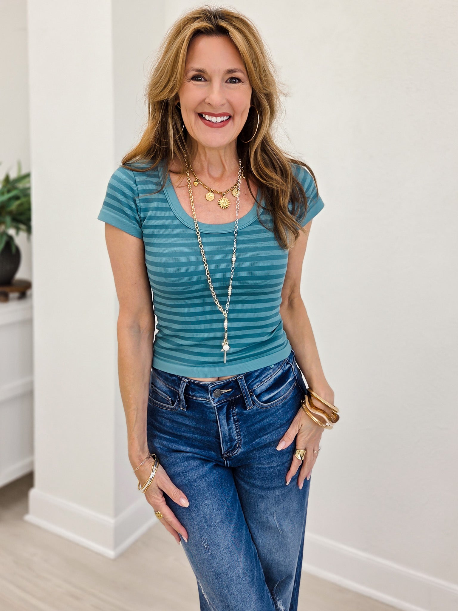 Soft Seamless Striped Scoop Neck Top