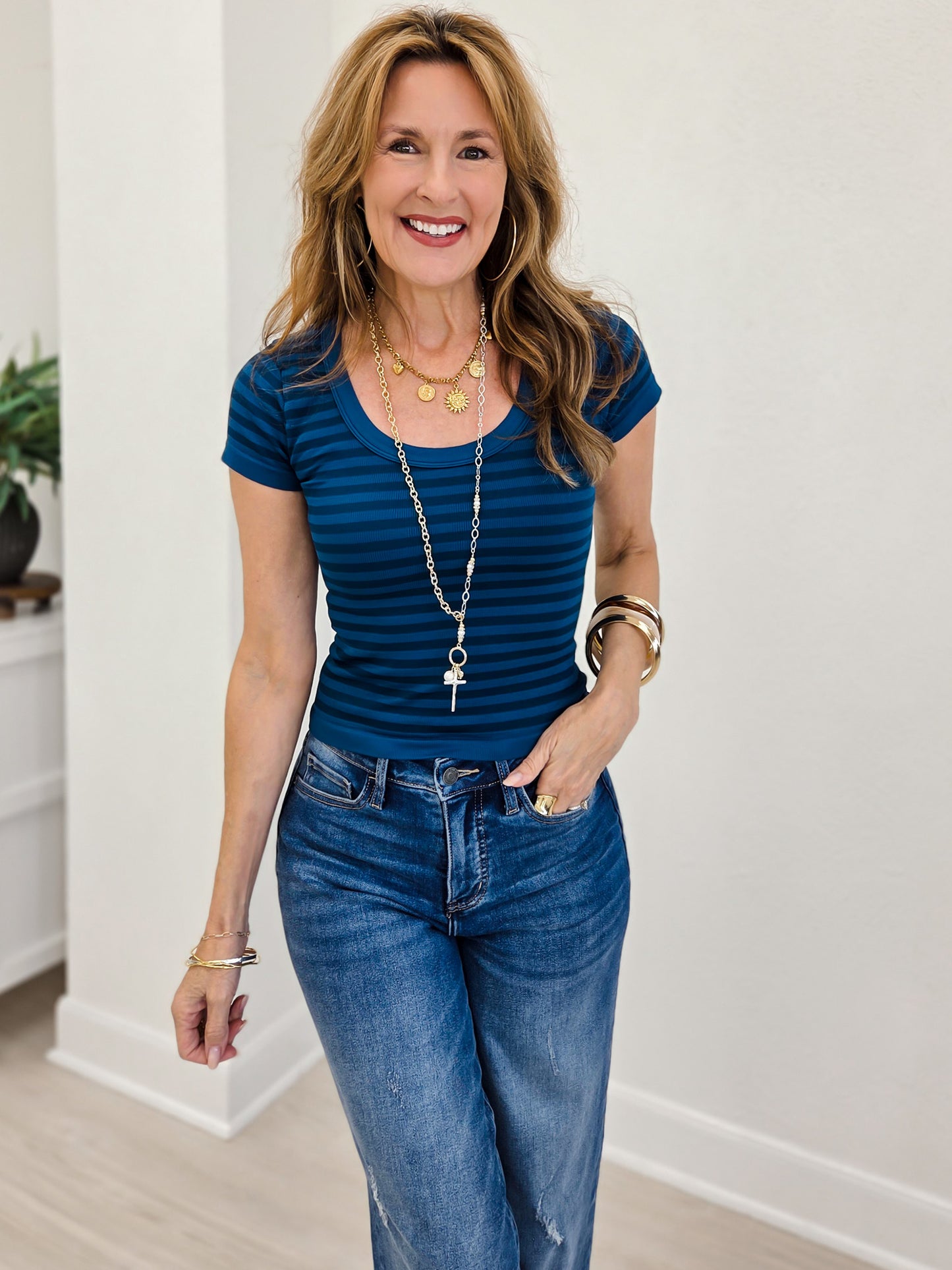 Soft Seamless Striped Scoop Neck Top