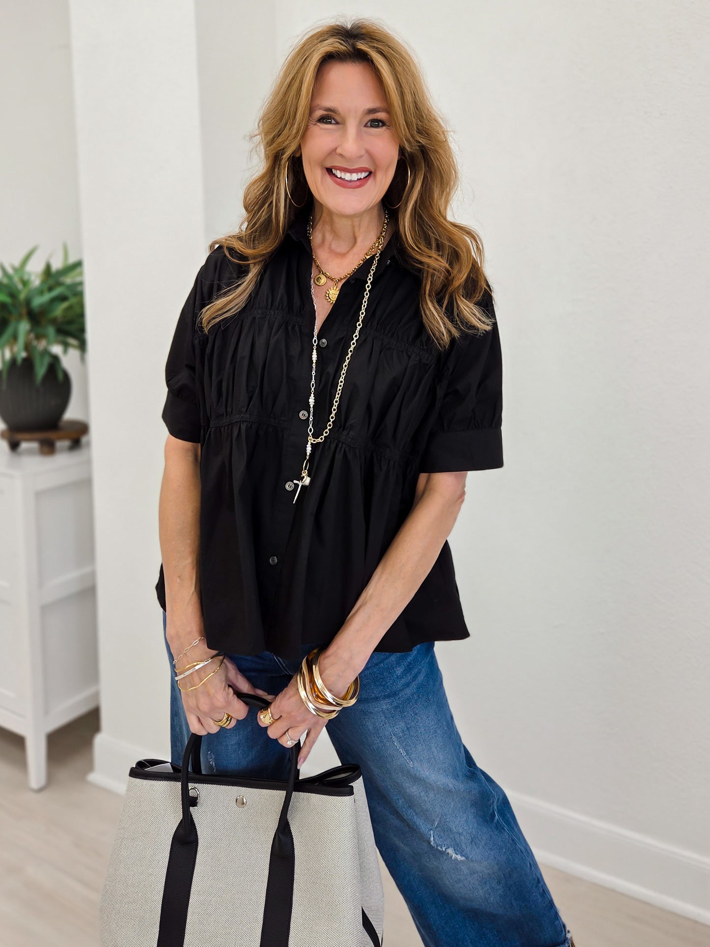 Elise Textured Shirred Waist Poplin Top