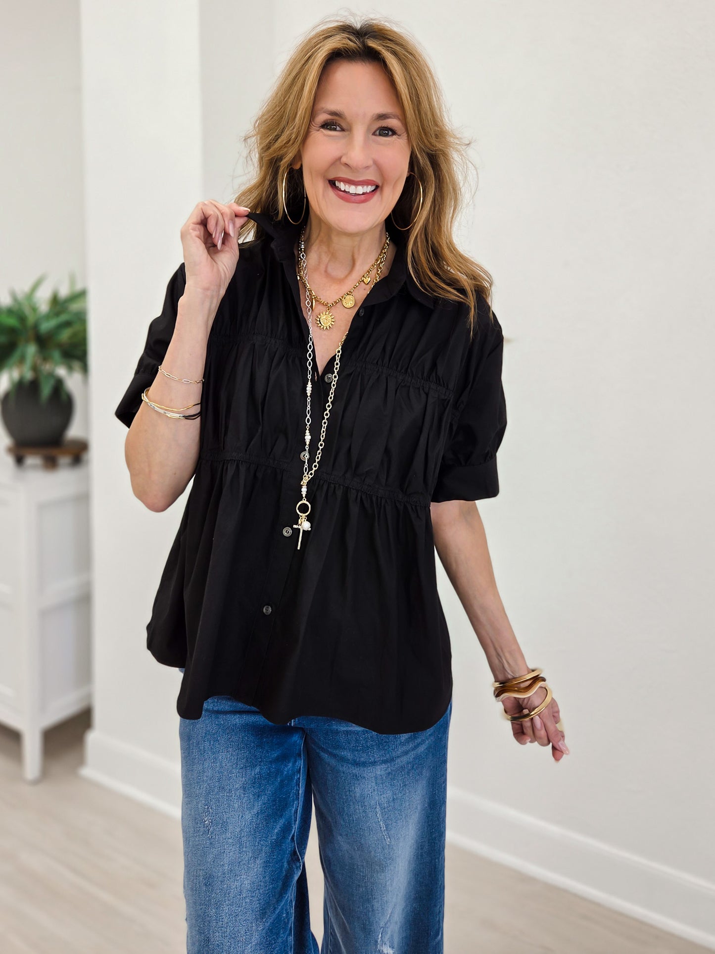 Elise Textured Shirred Waist Poplin Top