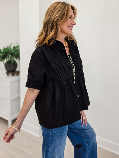 Elise Textured Shirred Waist Poplin Top