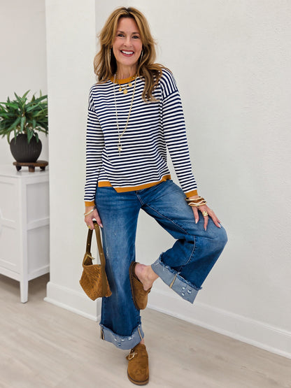 Striped Long Sleeve Crew Neck Pullover Sweater