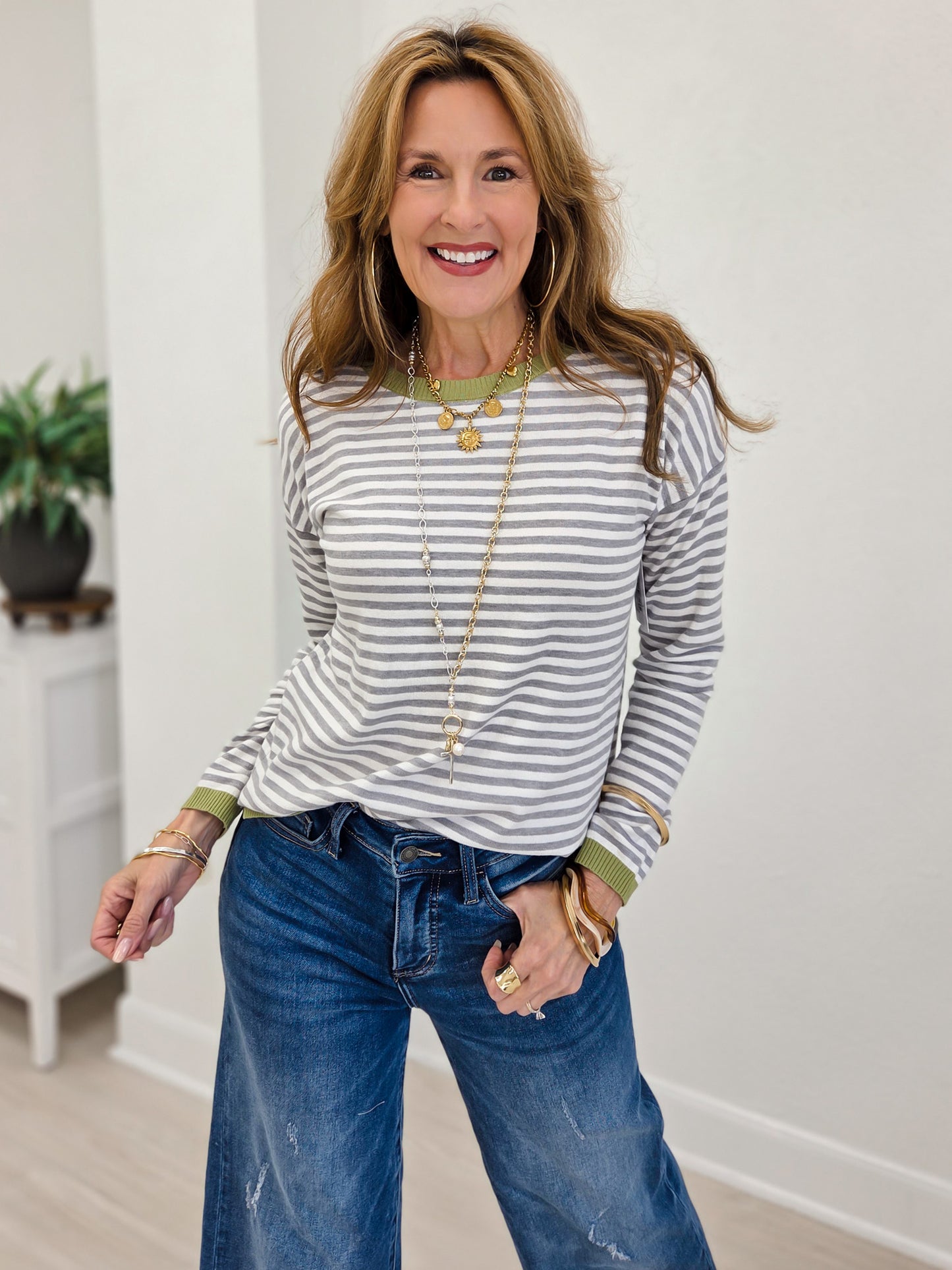 Striped Long Sleeve Crew Neck Pullover Sweater