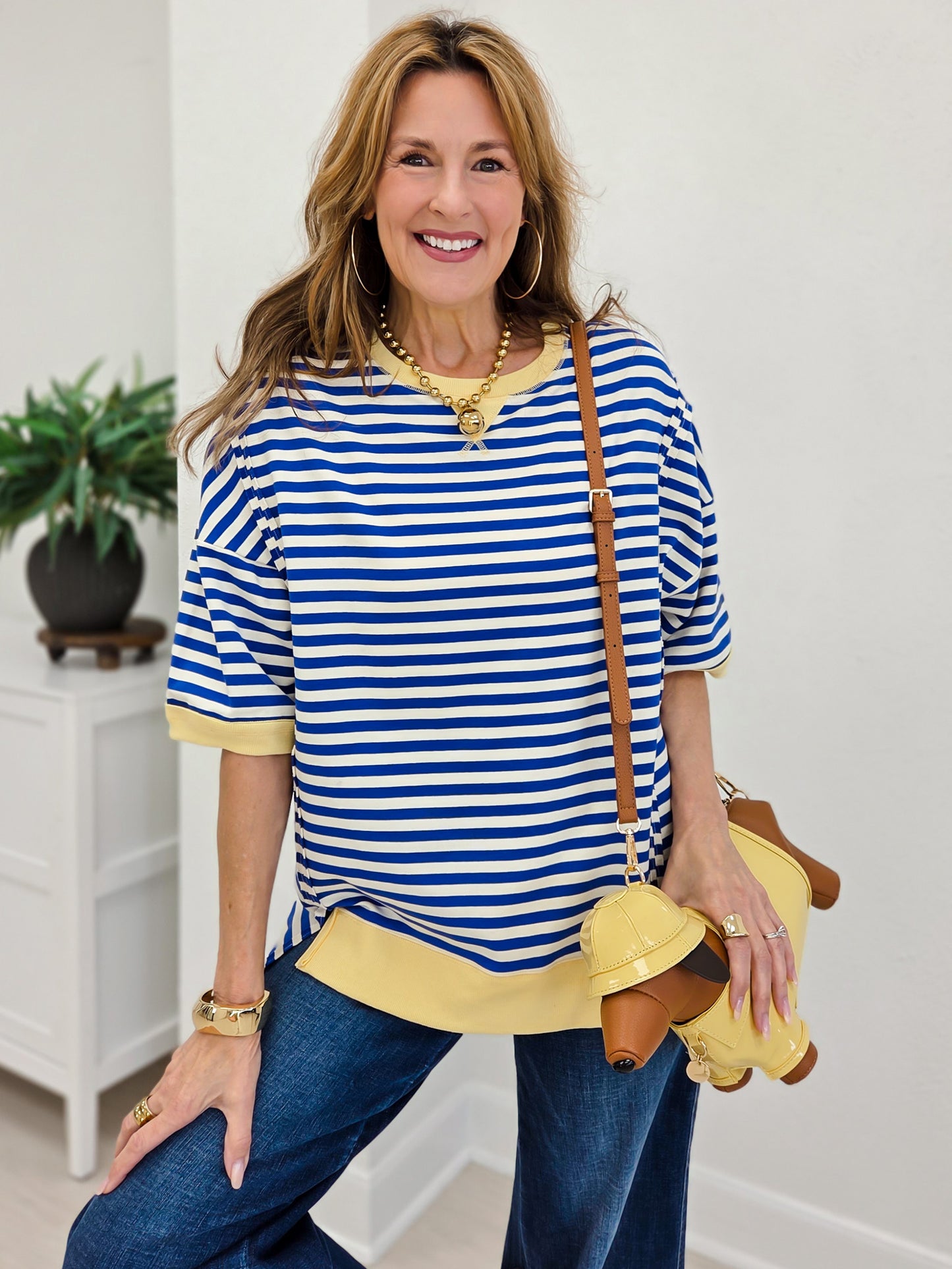 Oversized Stripe Casual Knit Top With Half Sleeves